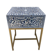 Mother of Pearl Inlay Bedside Table 1 Drawer, Floral Indigo Blue