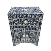 Bone Inlay Bedside Table - 1 Drawer 2 Doors Floral Navy Blue