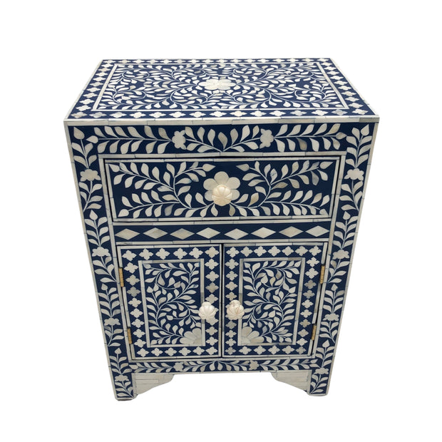 Bone Inlay Bedside Table - 1 Drawer 2 Doors Floral Navy Blue