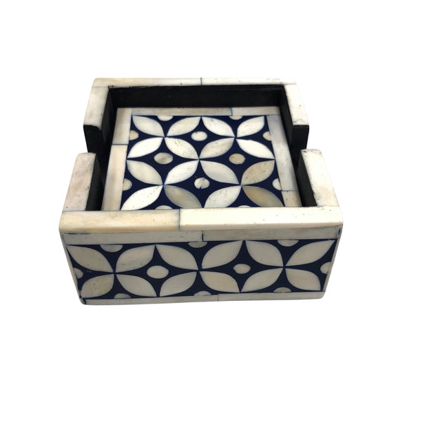 Bone Inlay Drink Coaster Set - Navy Geometric