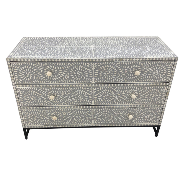 LARGE Bone Inlay 3 Drawer Chest of Drawers - Grey Floral, Black Frame