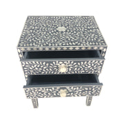 Bone Inlay Bedside Table 2 Drawers - Dark Grey Floral