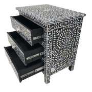 Mother of Pearl Inlay, 3 Drawer Bedside Table, Floral Black (Large)