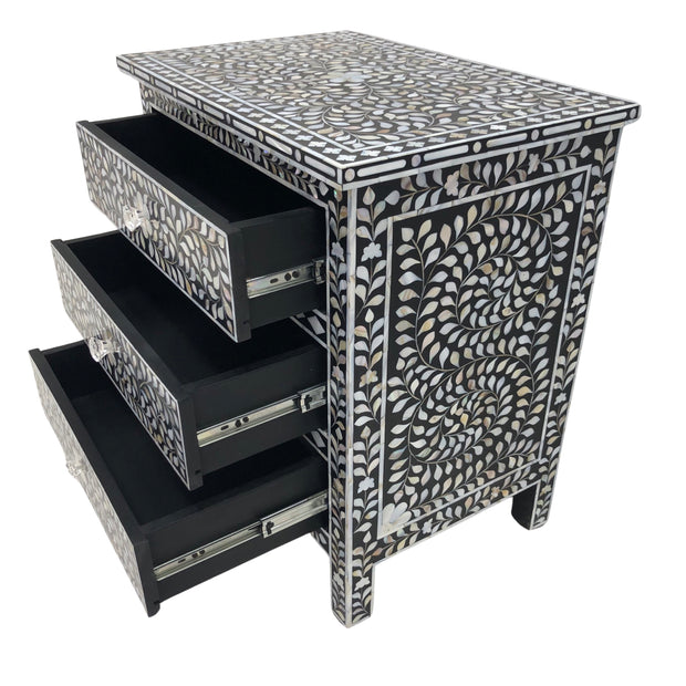 Mother of Pearl Inlay, 3 Drawer Bedside Table, Floral Black (Large)