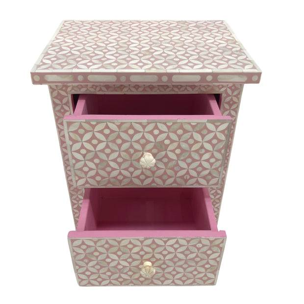 Bone Inlay Bedside, 2 Drawer Geometric Pink