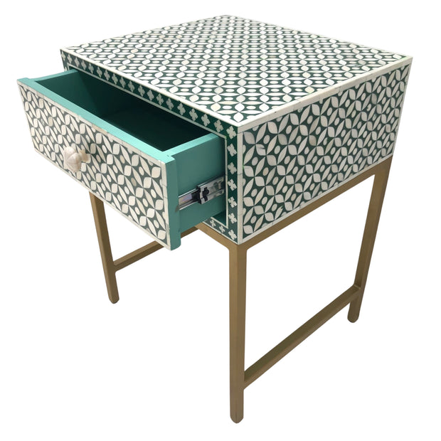Bone Inlay 1 Drawer Bedside Table, Green Geometric - Gold Frame