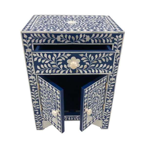 Bone Inlay Bedside Table - 1 Drawer 2 Doors Floral Navy Blue