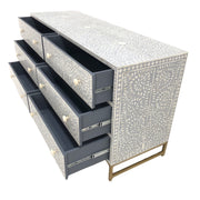 Bone Inlay Chest / Buffet 6 Drawer Chest of Drawers - Light Grey Floral