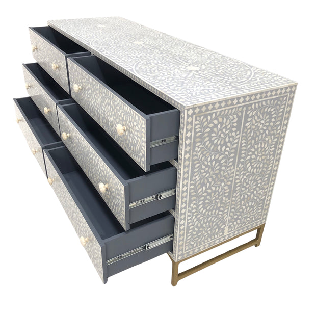 Bone Inlay Chest / Buffet 6 Drawer Chest of Drawers - Light Grey Floral