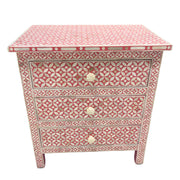 Bone Inlay Bedside Table 3 Drawer - Pink, Geometric (Large)