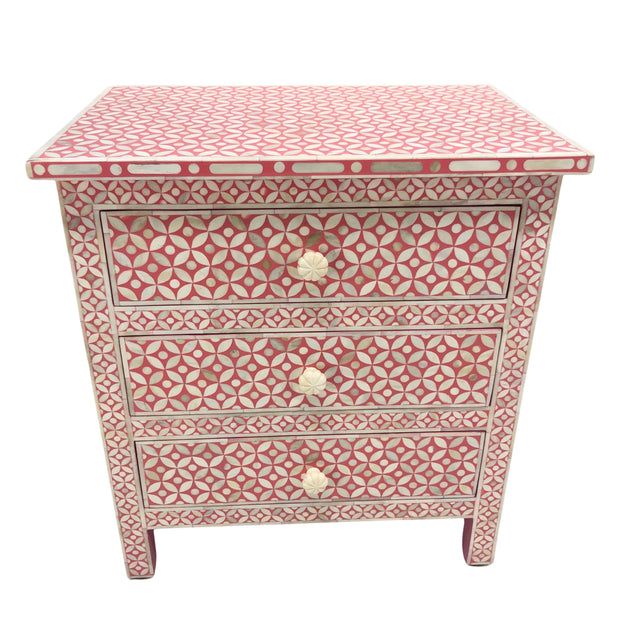 Bone Inlay Bedside Table 3 Drawer - Pink, Geometric (Large)