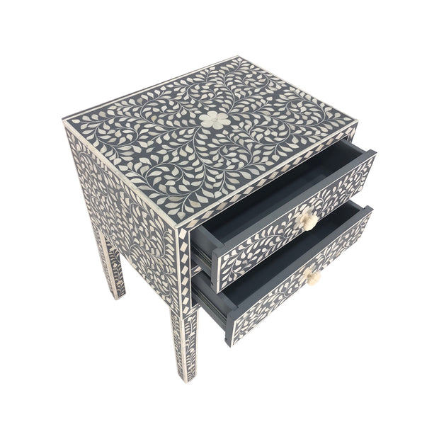 Bone Inlay Bedside Table 2 Drawers - Dark Grey Floral