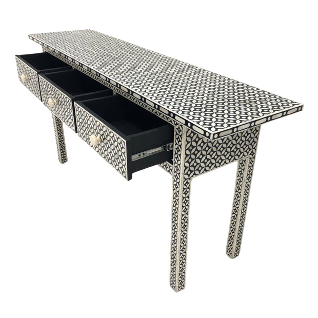 Bone Inlay 3 Drawer Hall Table or Side Table (160cm, Large) - Black Geometric