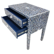 Mother of Pearl Inlay 2 Draw Bedside Table, Floral Indigo Blue (LARGE)