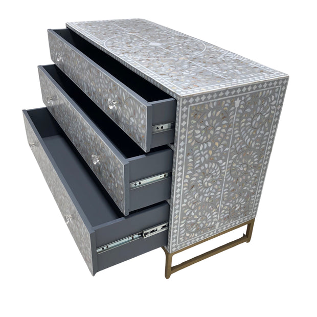Mother of Pearl Inlay 3 Drawer Chest of Drawers - Grey Floral, Gold Frame