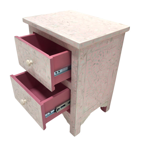 Bone Inlay Bedside Table, 2 Drawer Floral Pink