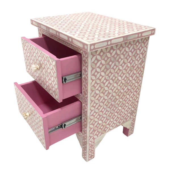 Bone Inlay Bedside, 2 Drawer Geometric Pink