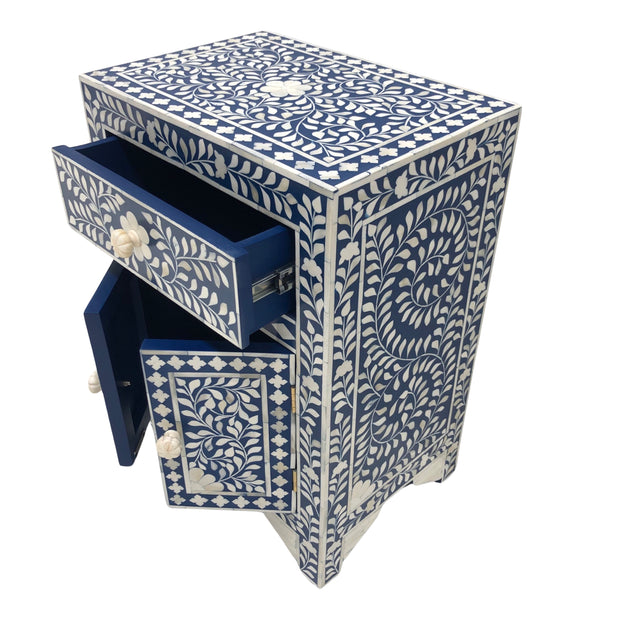 Bone Inlay Bedside Table - 1 Drawer 2 Doors Floral Navy Blue