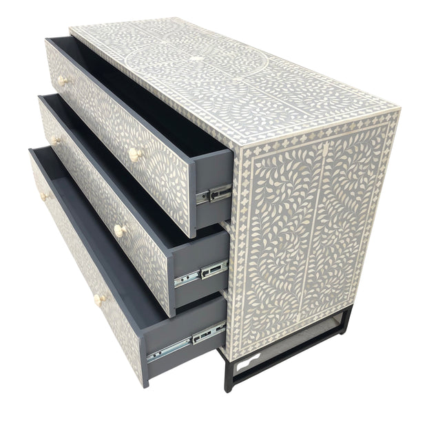 LARGE Bone Inlay 3 Drawer Chest of Drawers - Grey Floral, Black Frame