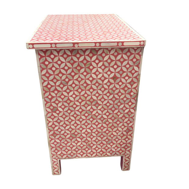 Bone Inlay Bedside Table 3 Drawer - Pink, Geometric (Large)