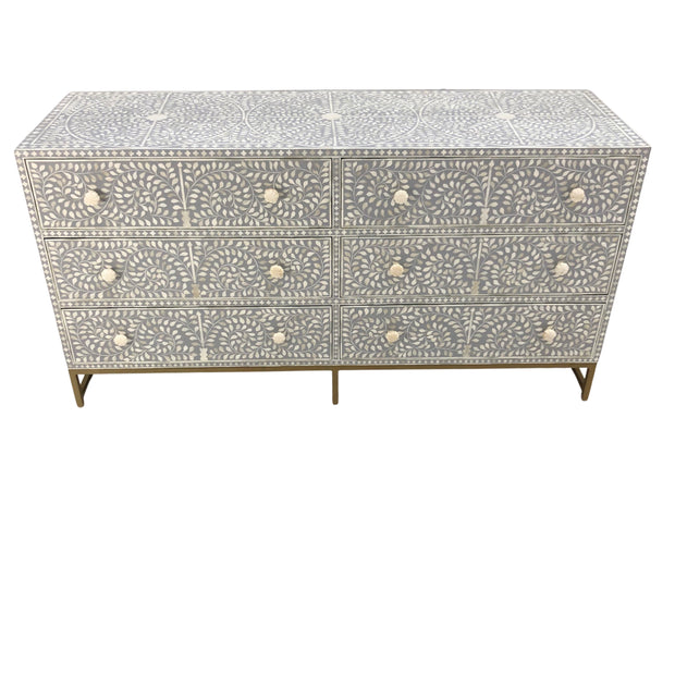 Bone Inlay Chest / Buffet 6 Drawer Chest of Drawers - Light Grey Floral