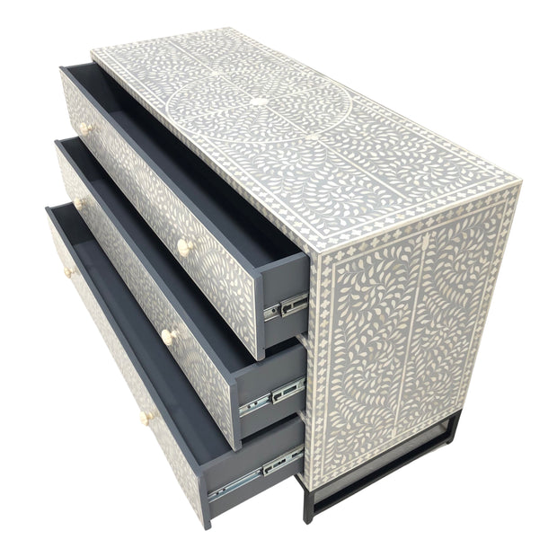 LARGE Bone Inlay 3 Drawer Chest of Drawers - Grey Floral, Black Frame