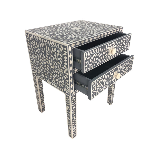 Bone Inlay Bedside Table 2 Drawers - Dark Grey Floral