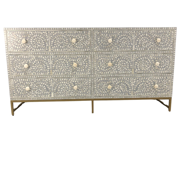 Bone Inlay Chest / Buffet 6 Drawer Chest of Drawers - Light Grey Floral