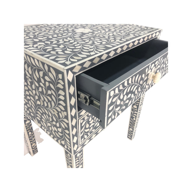 Bone Inlay Bedside Table 2 Drawers - Dark Grey Floral