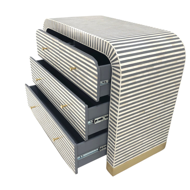 Bone Inlay 4 Drawer Chest of Drawers - Waterfall / Curved - Grey Stripe - Gold Base