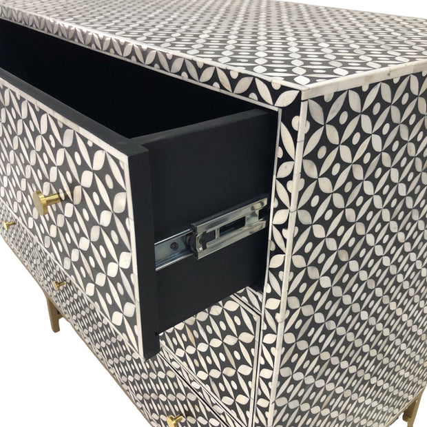 Bone Inlay Buffet 6 Drawer Chest of Drawers - Black Geometric, Gold Frame