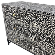 Bone Inlay 3 Drawer Chest of Drawers - Black Floral - Black Frame - Gold Handle