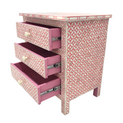 Bone Inlay Bedside Table 3 Drawer - Pink, Geometric (Large)