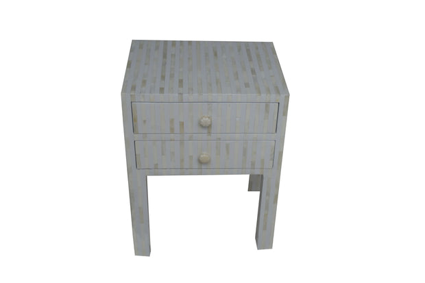 Bone Inlay Bedside Table with 2 Drawers - White Stripe
