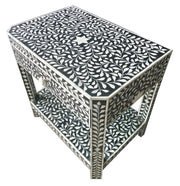 Bone Inlay 1 Drawer Bedside Table or Side Table with Shelf - Black Floral - Abacus and Hunt Melbourne | Unique Furniture