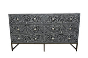 Bone Inlay Buffet 6 Drawer Chest of Drawers - Black Floral Scroll