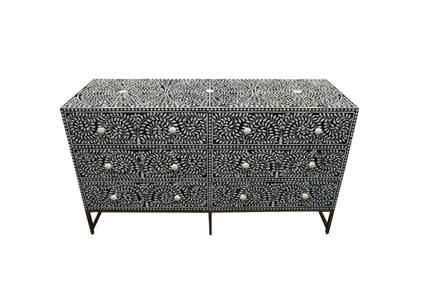 Bone Inlay Buffet 6 Drawer Chest of Drawers - Black Floral Scroll