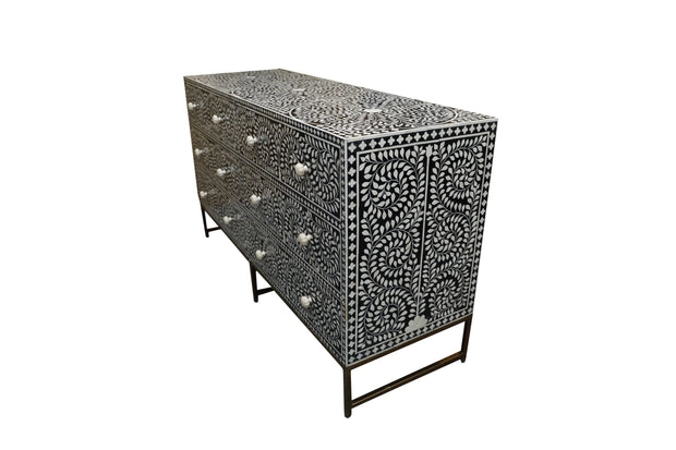 Bone Inlay Buffet 6 Drawer Chest of Drawers - Black Floral Scroll