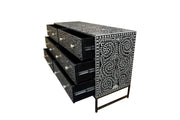 Bone Inlay Buffet 6 Drawer Chest of Drawers - Black Floral Scroll