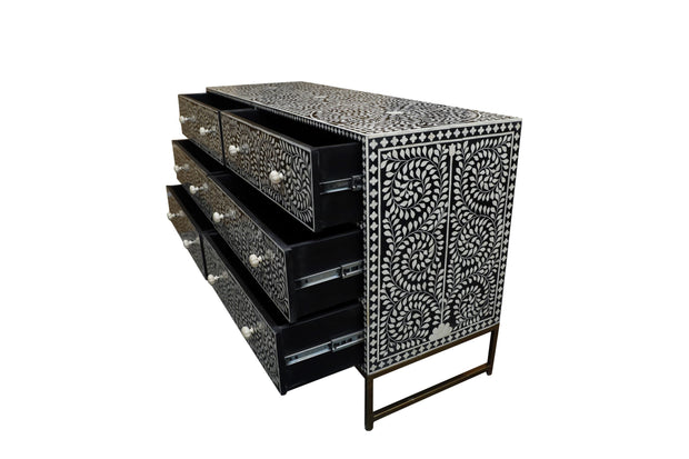 Bone Inlay Buffet 6 Drawer Chest of Drawers - Black Floral Scroll