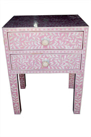 Bone Inlay Bedside Table with 2 Drawers - Light Pink Floral - Abacus and Hunt