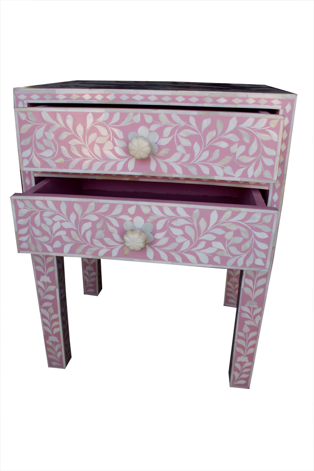 Bone Inlay Bedside Table with 2 Drawers - Light Pink Floral - Abacus and Hunt