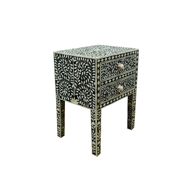 Bone Inlay Bedside Table with 2 Drawers - Black Floral - Abacus and Hunt Melbourne | Unique Furniture