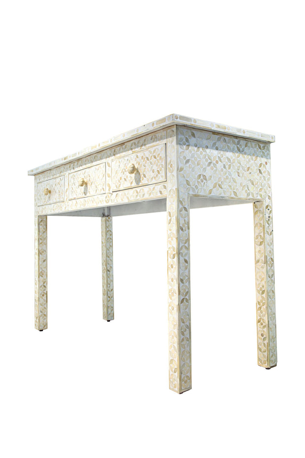 Bone Inlay 3 Drawer Hall Table or Side Table - White Geometric