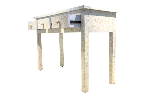 Bone Inlay 3 Drawer Hall Table or Side Table - White Geometric