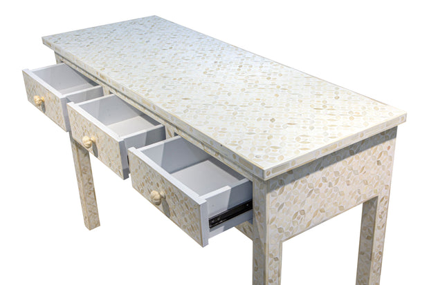 Bone Inlay 3 Drawer Hall Table or Side Table - White Geometric