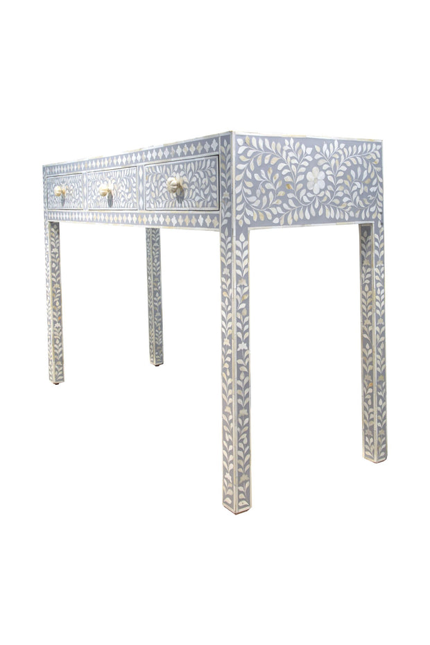 Bone Inlay 3 Drawer Hall Table or Side Table - Light Grey Floral