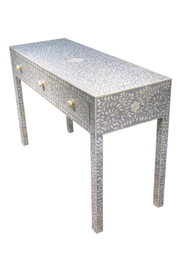 Bone Inlay 3 Drawer Hall Table or Side Table - Light Grey Floral