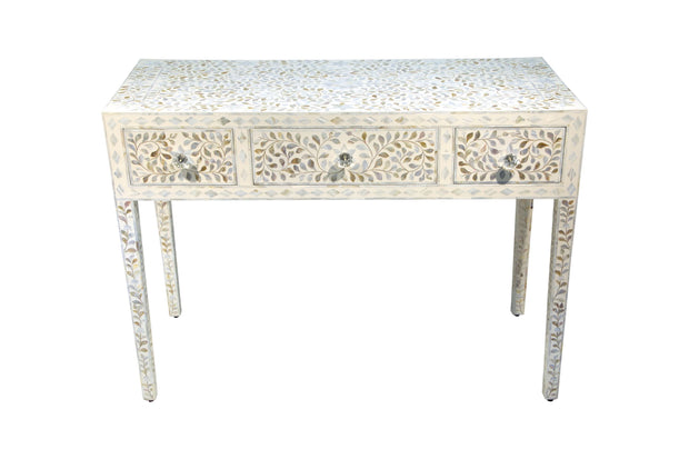 Mother of Pearl Inlay 3 Drawer Hall Table or Side Table - White Floral