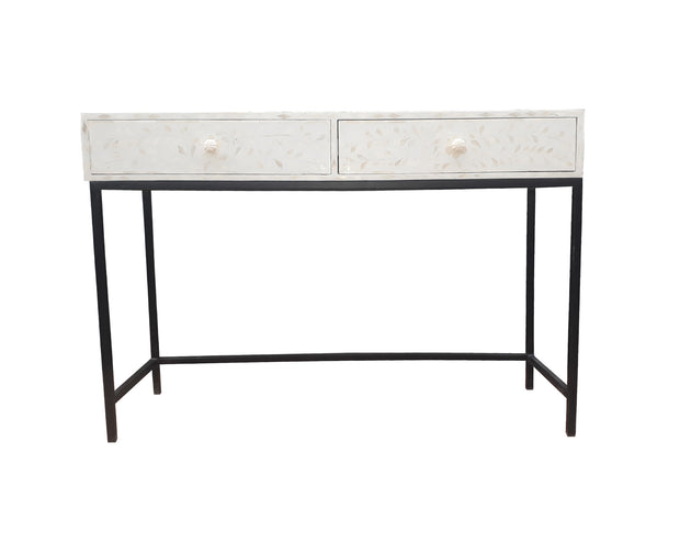 Bone Inlay 2 Drawer Side Table - White Floral - Abacus and Hunt